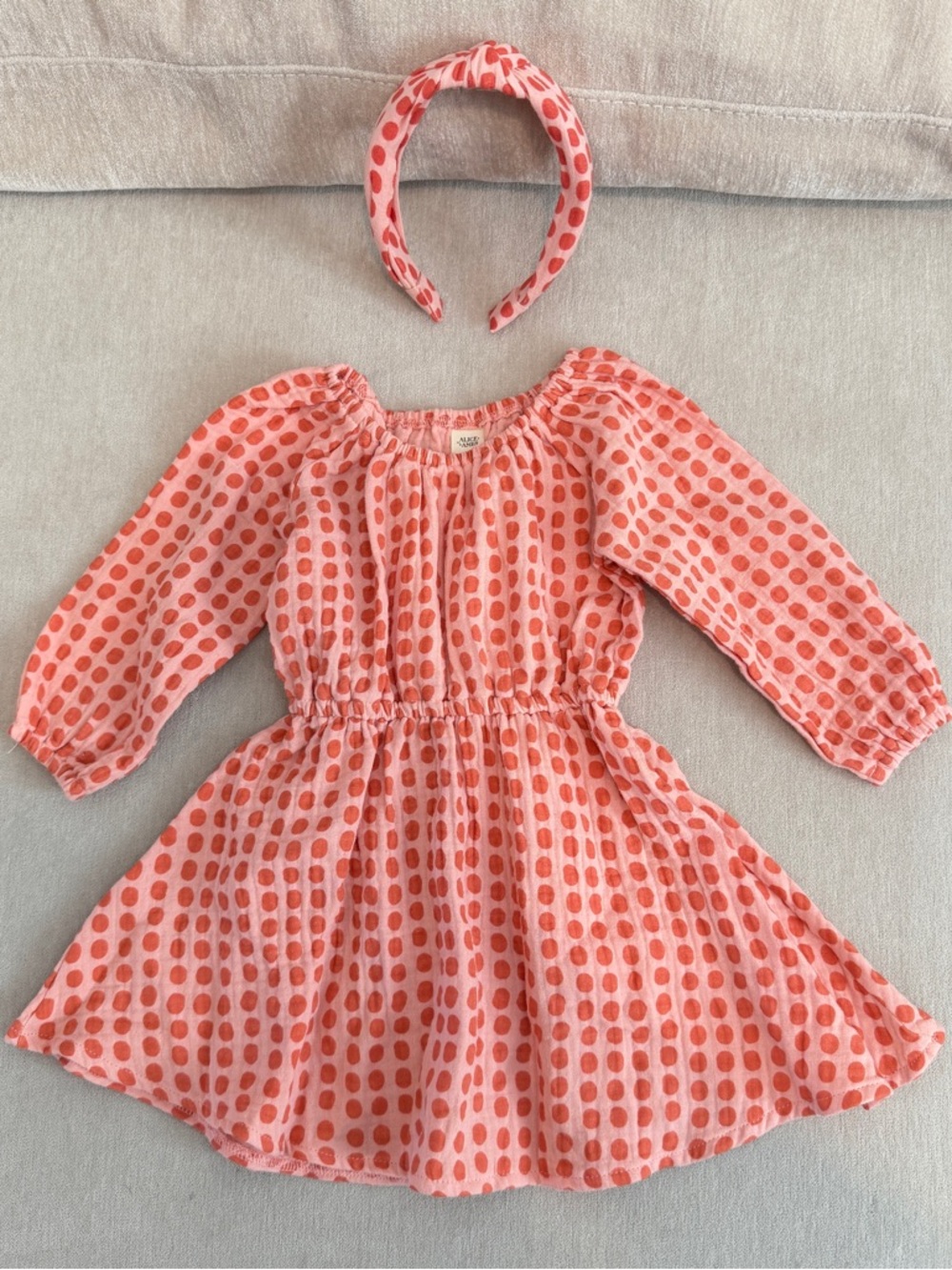 ALICE+AMES Girls Coral Pink Polka Dot Dress with Matching Headband